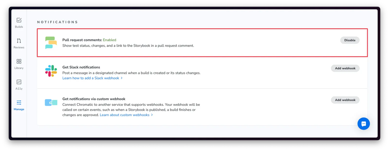 The Notifications section of the Chromatic project Manage screen, with the Pull request comments option highlighted and showing an Enable button